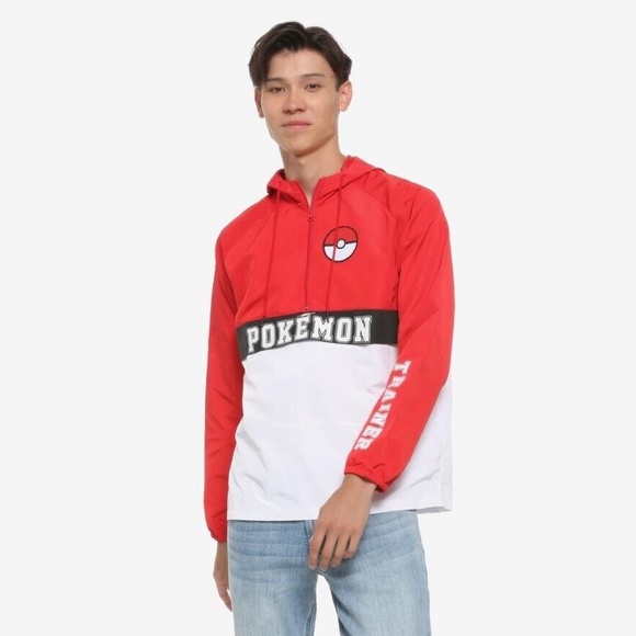 NEW Pokemon Trainer Half-Zip Hooded Anorak Windbreaker Jacket Red White Size SM - Picture 3 of 8